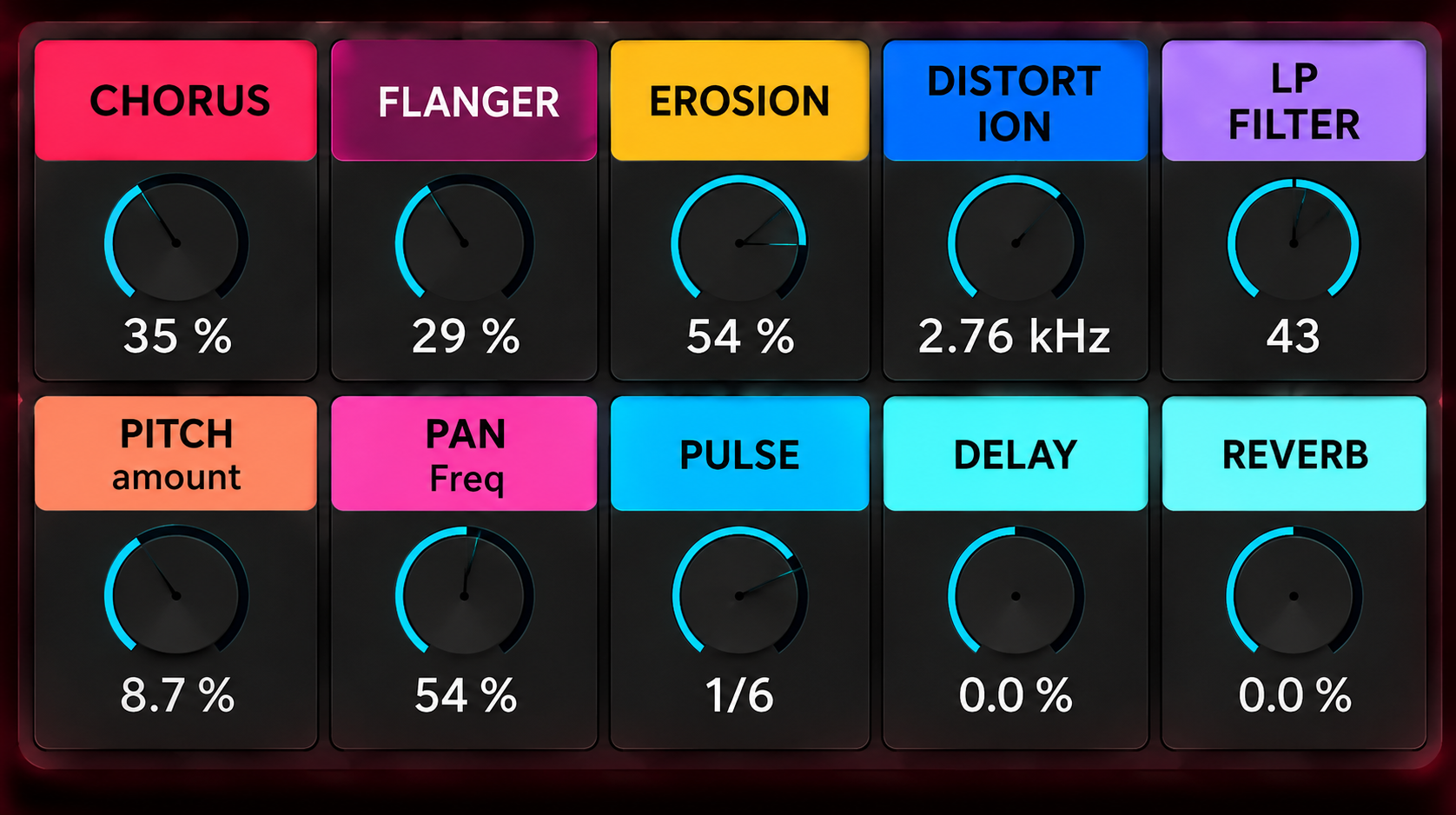 FX Matrix controls: Chorus, Flanger, Erosion, Distortion, filter, pitch, pan, pulse, delay and reverb